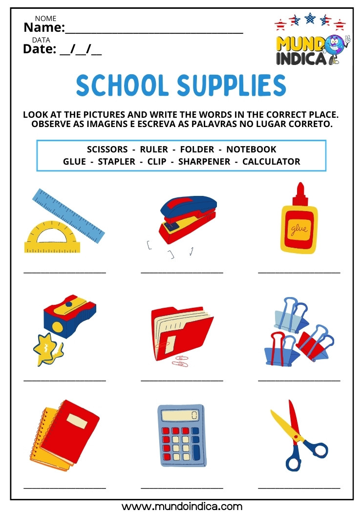 Atividade de Inglês Associação Figura ao Nome dos Materiais Escolares​ para Imprimir