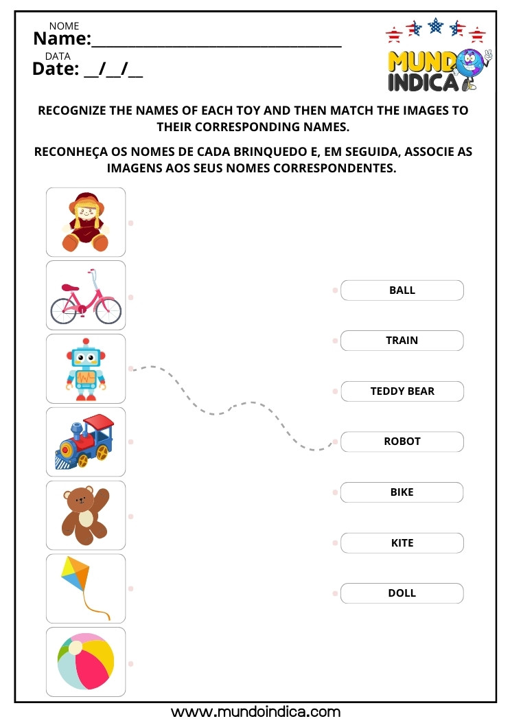 Atividade de Inglês Associação Palavra Imagem para Ligar os Nomes dos Brinquedos​ às Figuras Correspondentes para Imprimir