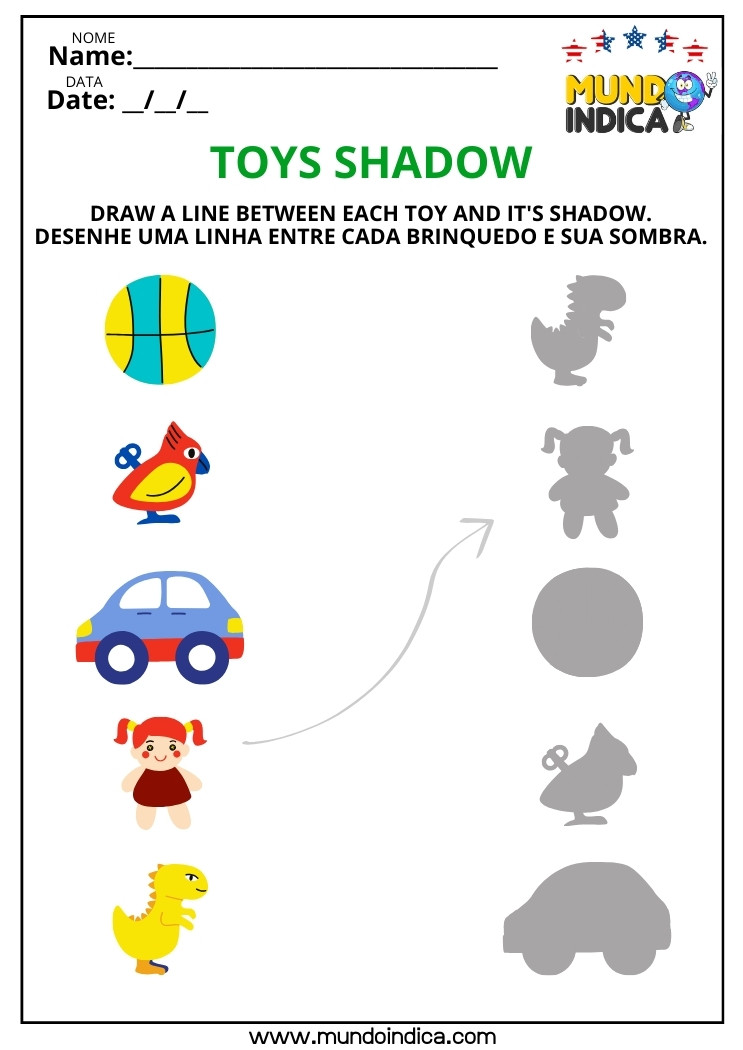 Atividade de Inglês Desenhe uma Linha entre Cada Brinquedo e sua Sombra para Imprimir