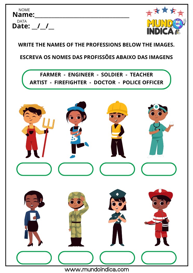 Atividade de Inglês Escreva os Nomes das Profissões​ Abaixo das Figuras para Imprimir