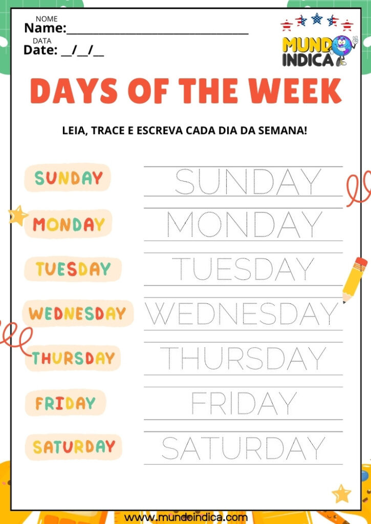 10 Atividades de Inglês sobre Dias da Semana para Imprimir
