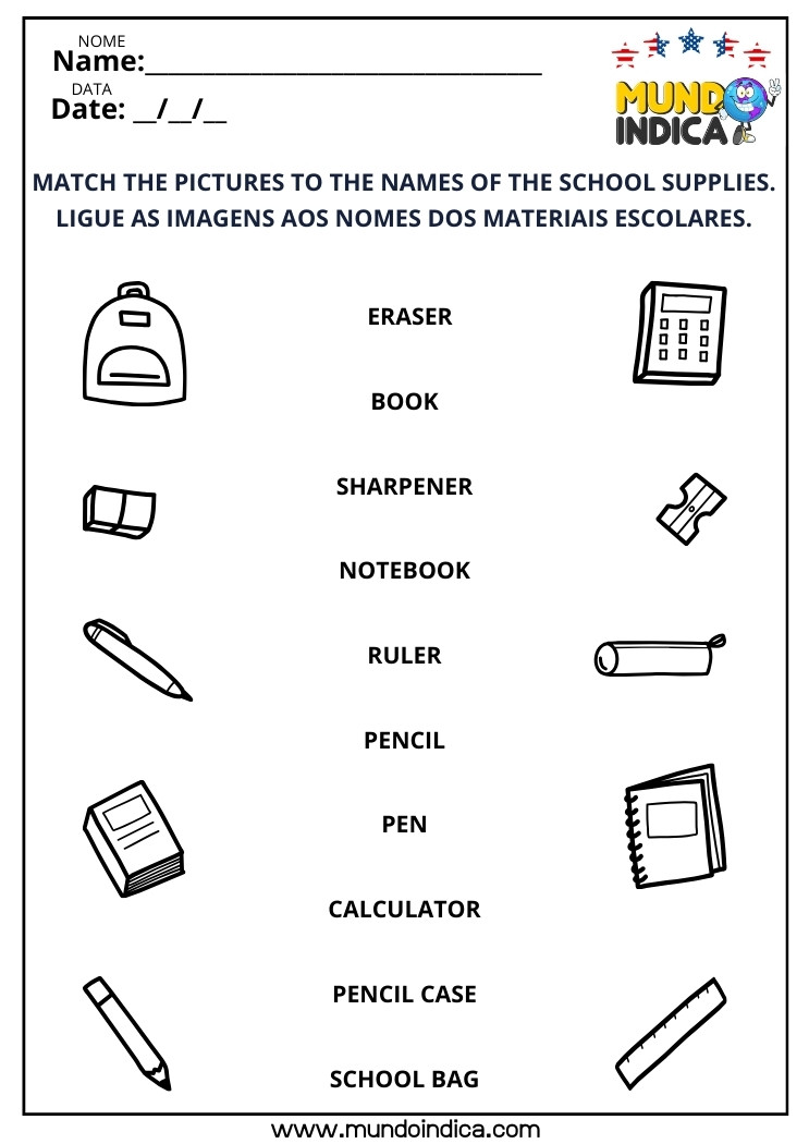 Atividade de Inglês Ligue as Figuras dos Materiais Escolares​ aos Seus Nomes para Imprimir
