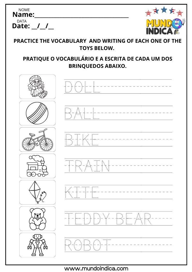Atividade de Inglês Pratique o Vocabulário e a Escrita de Cada Um dos Brinquedos​ Traçando as Letras Pontilhadas para Imprimir