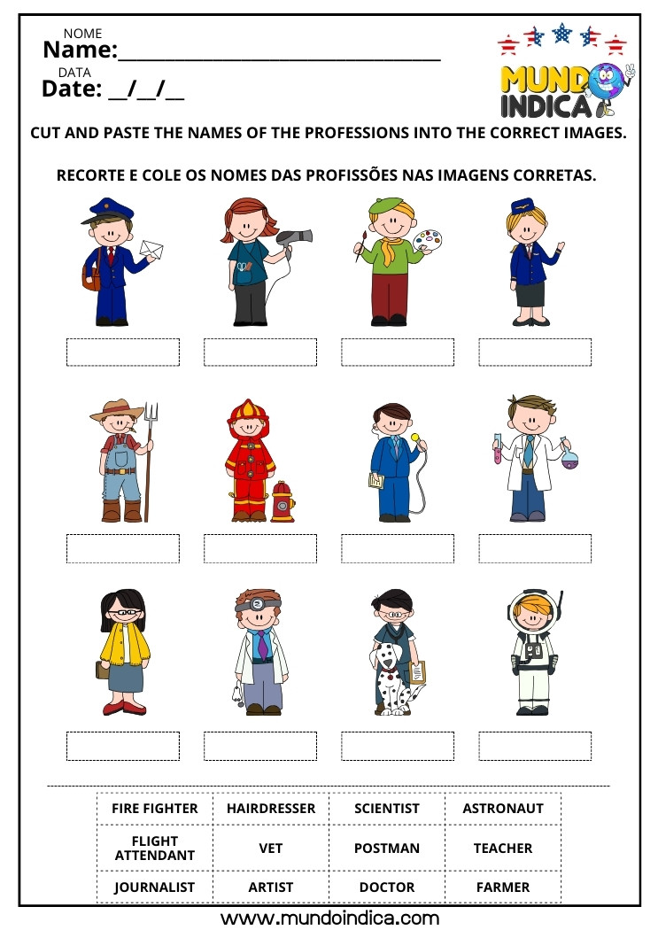 Atividade de Inglês Recorte e Cole os Nomes das Profissões​ nas Imagens Corretas para Imprimir