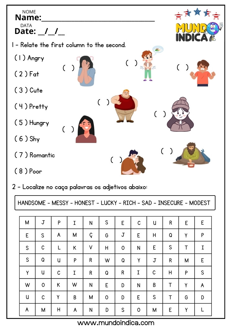 Atividade de Inglês Relacione a Coluna Conforme as Imagens e Caça-palavras dos Adjetivos para o 8 ano do Ensino Fundamental para Imprimir
