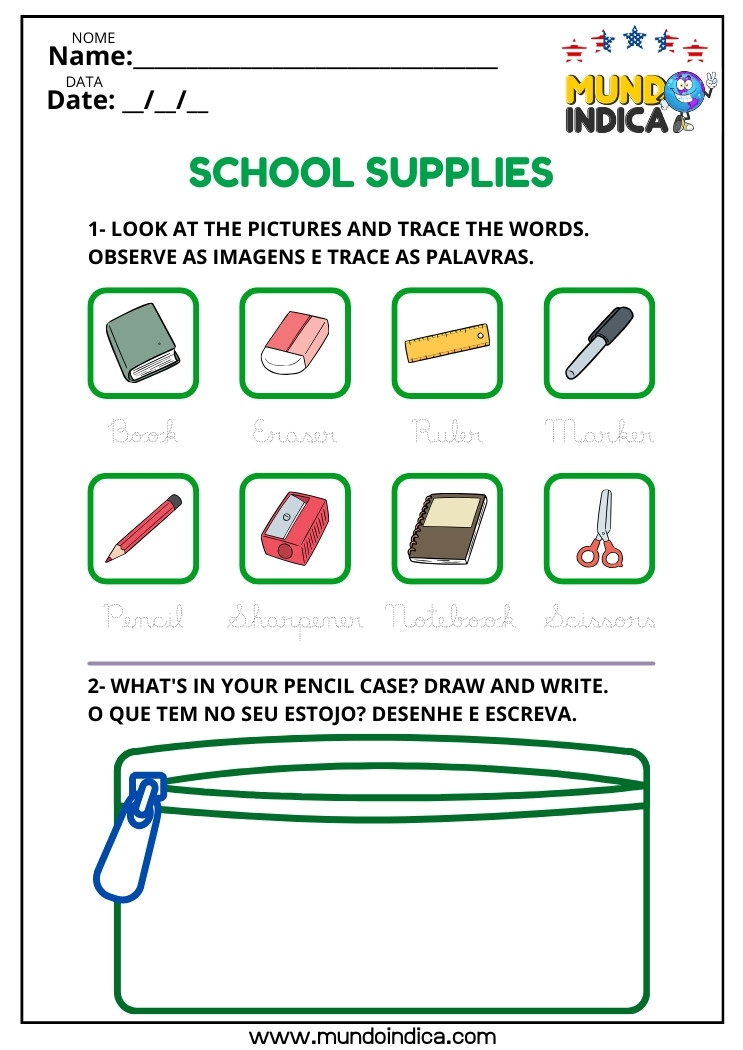 Atividade de Inglês Trace as Palavras para Aprender o Nome dos Materiais Escolares​ e Desenhe e Escreva o que Tem Dentro do Seu Estojo para Imprimir