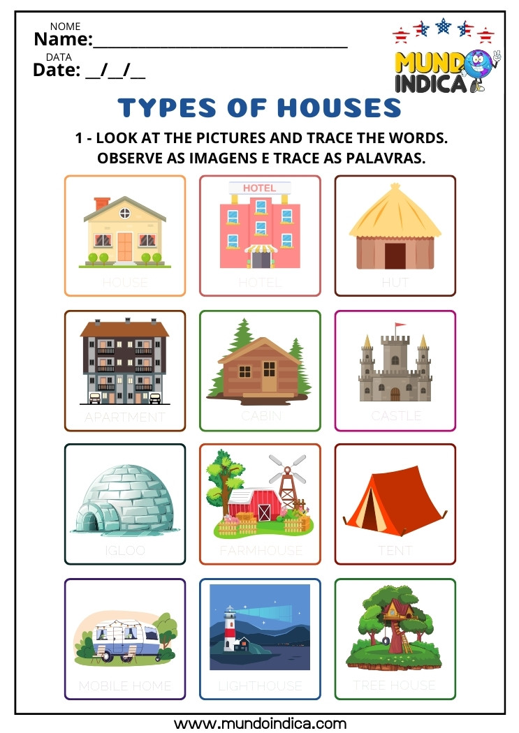 Atividade de Inglês Types Of House​s Observe as Imagens e Trace as Palavras sobre os Tipos de Moradias para Imprimir