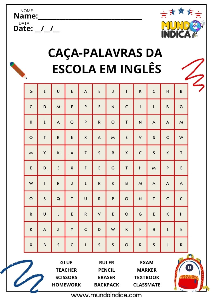 Atividade de Inglês com Caça-Palavra da Escola para Imprimir