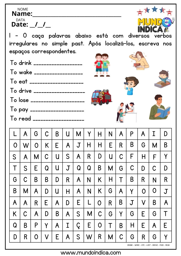 Atividade de Inglês com Caça-palavras dos Verbos Irregulares no Passado Simples para o 8 ano do Ensino Fundamental para Imprimir