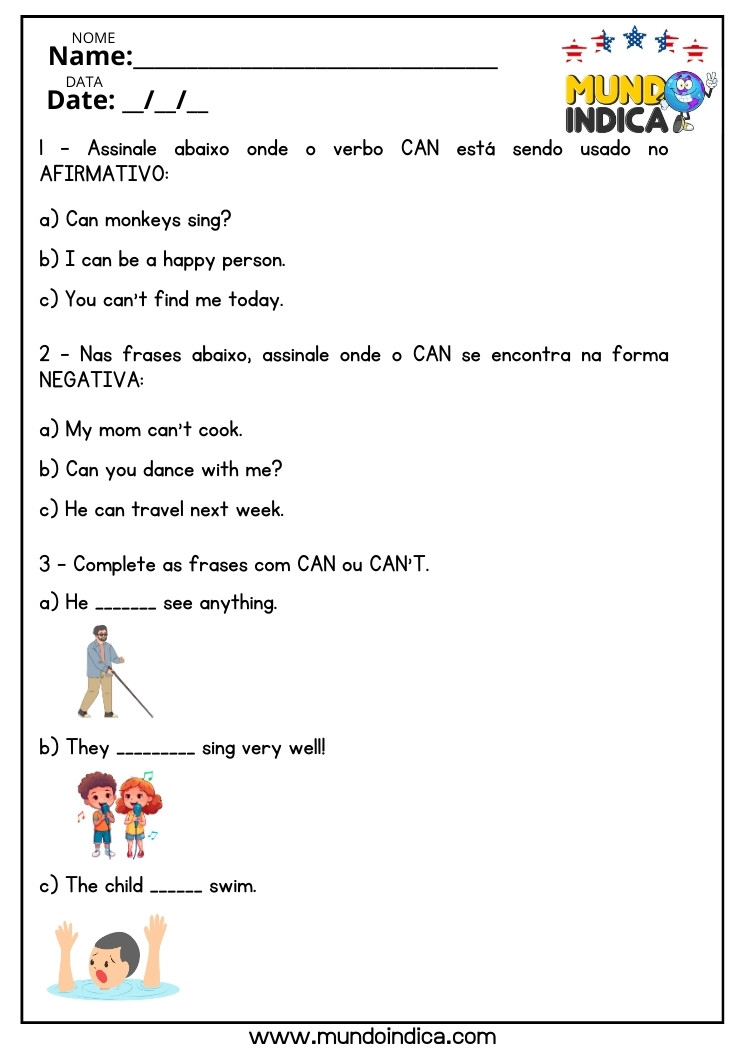 Atividade de Inglês com Can ou Cant para o 8 ano do Ensino Fundamental para Imprimir