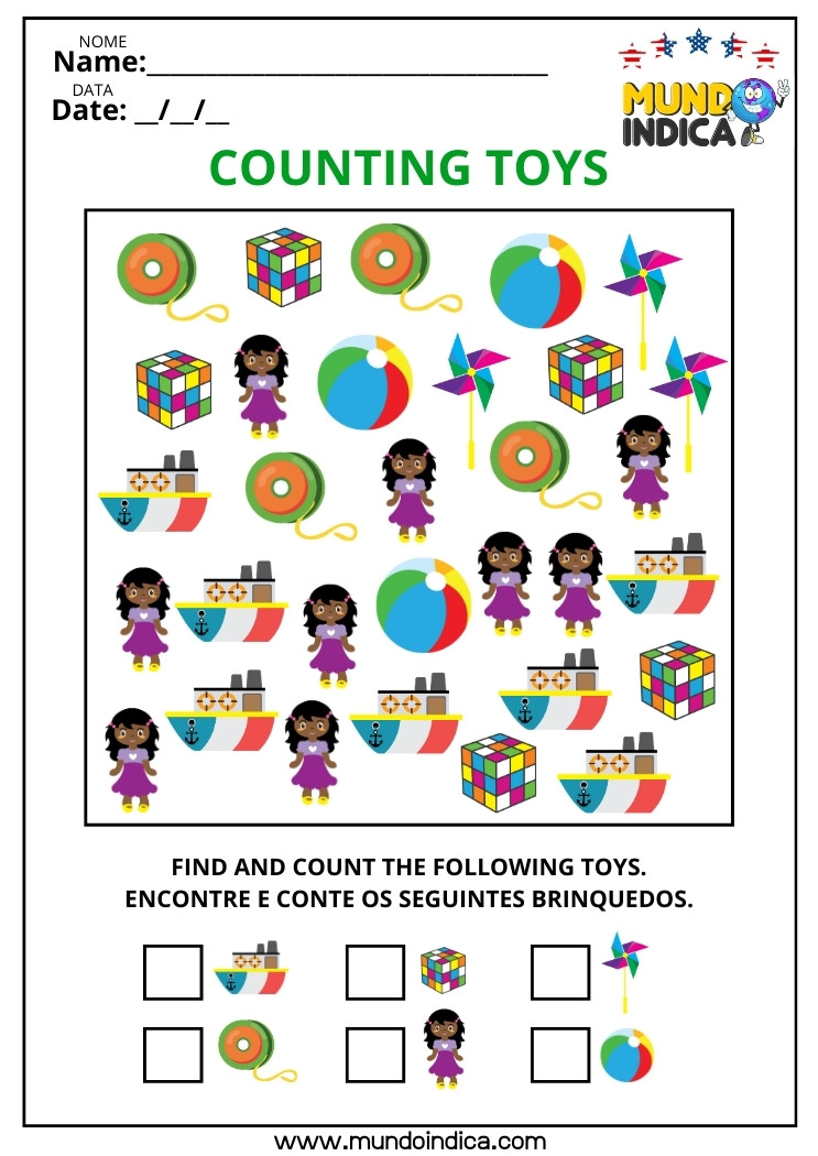Atividade de Inglês com Contagem de Brinquedos​ para Imprimir