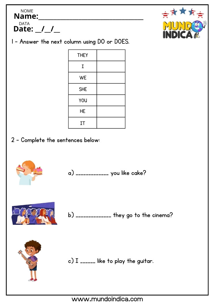 Atividade de Inglês com Do e Does para o 8 ano do Ensino Fundamental para Imprimir