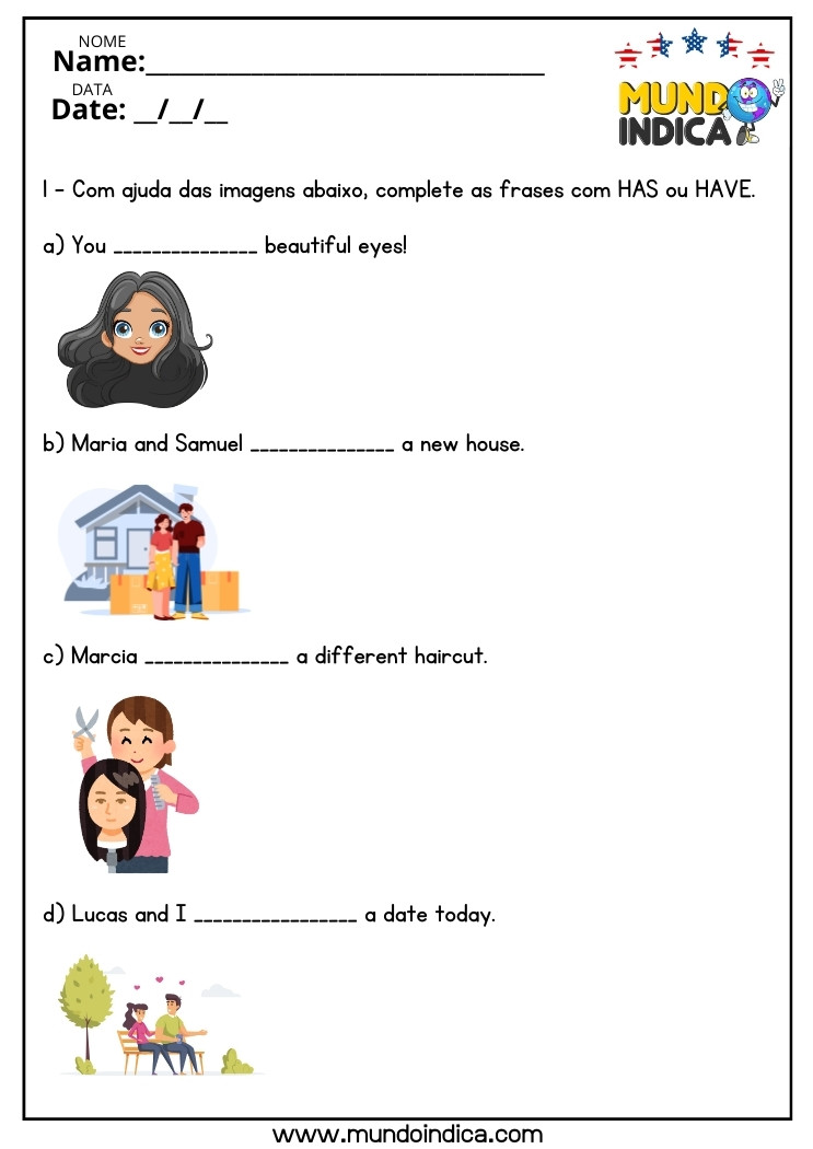 Atividade de Inglês com Has ou Have para o 8 ano do Ensino Fundamental para Imprimir