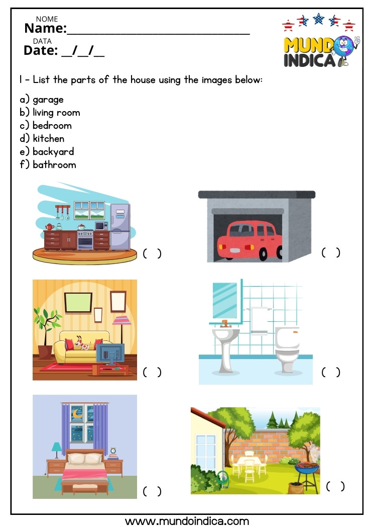 Atividade de Inglês com Partes da Casa para o 8 ano do Ensino Fundamental para Imprimir