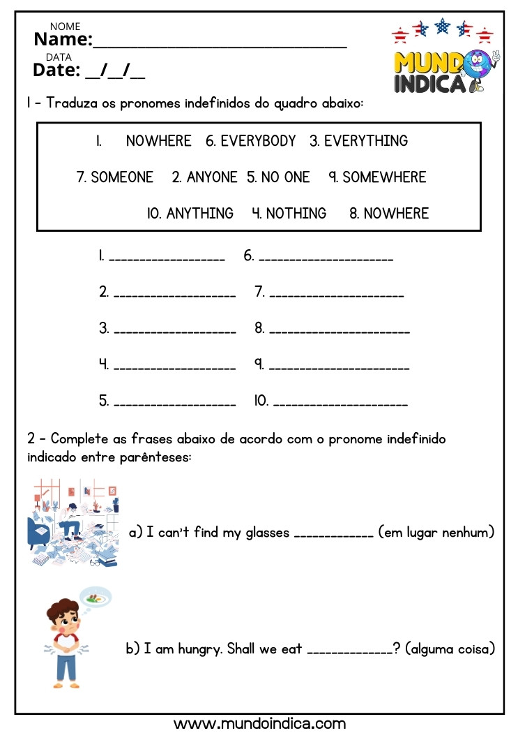 Atividade de Inglês com Pronomes Indefinidos para o 8 ano do Ensino Fundamental para Imprimir