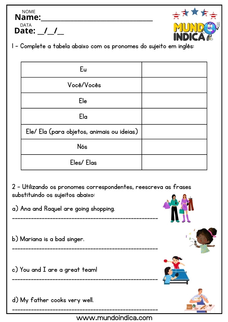 Atividade de Inglês com Pronomes do Sujeito para o 8 ano do Ensino Fundamental para Imprimir