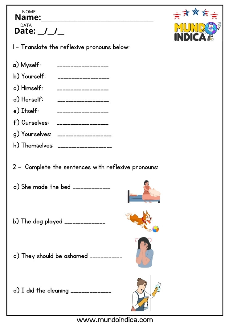 Atividade de Inglês com Reflexive Pronouns para o 8 ano do Ensino Fundamental para Imprimir