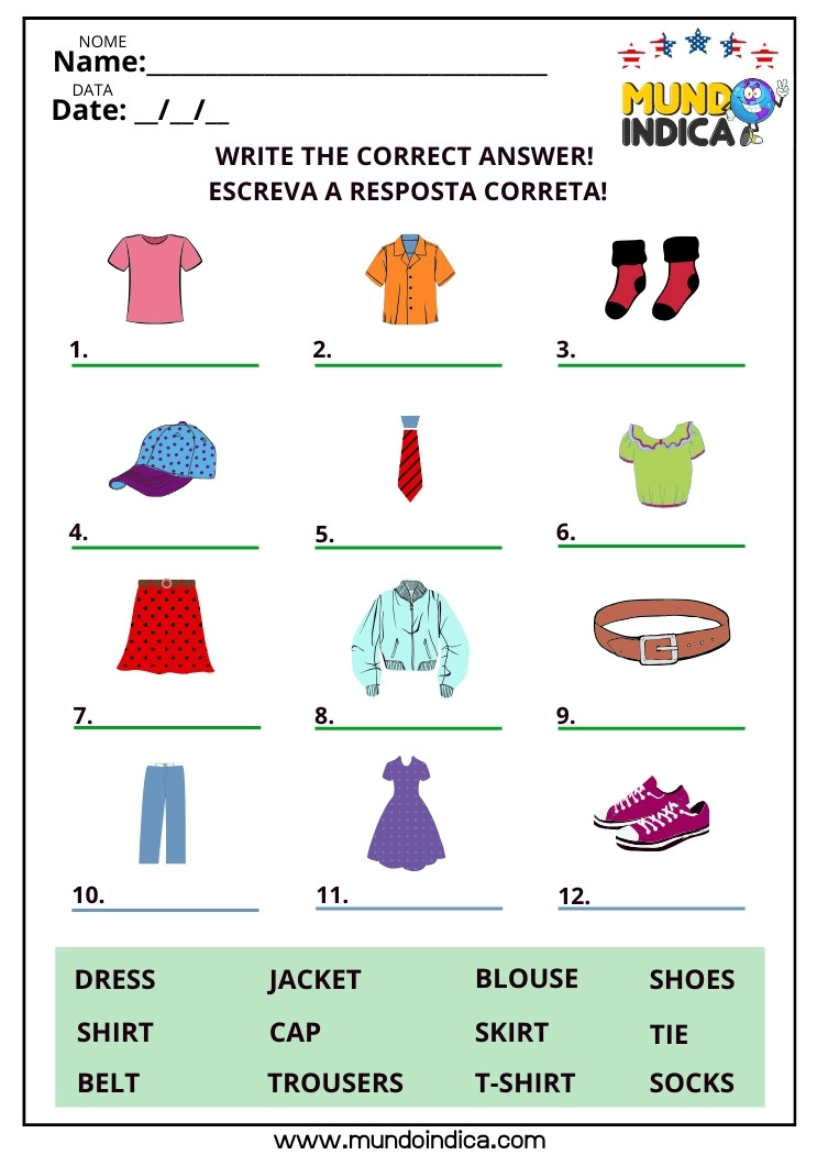 Atividade de Inglês para Escrever o Nome das Roupas Indicadas pelas Figuras Conforme o Banco de Palavras para Imprimir​