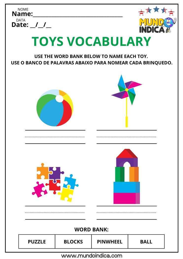 Atividade de Inglês para Nomear Cada Brinquedo Conforme o Banco de Palavras para Imprimir