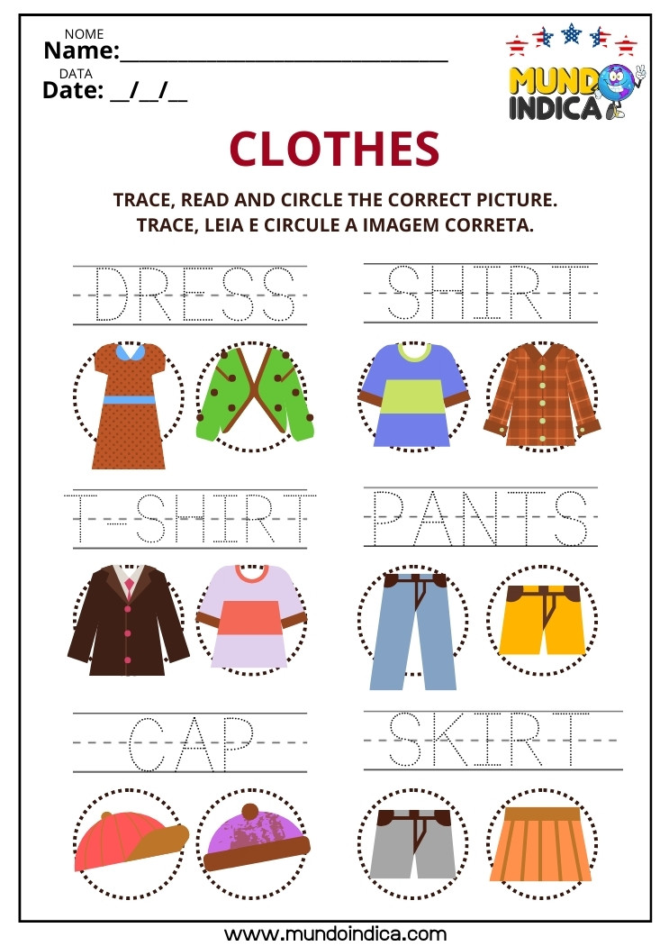 Atividade de Inglês para Traçar o Pontilhado do Nome da Peça de Roupa e Circular a Figura Correta para Imprimir​