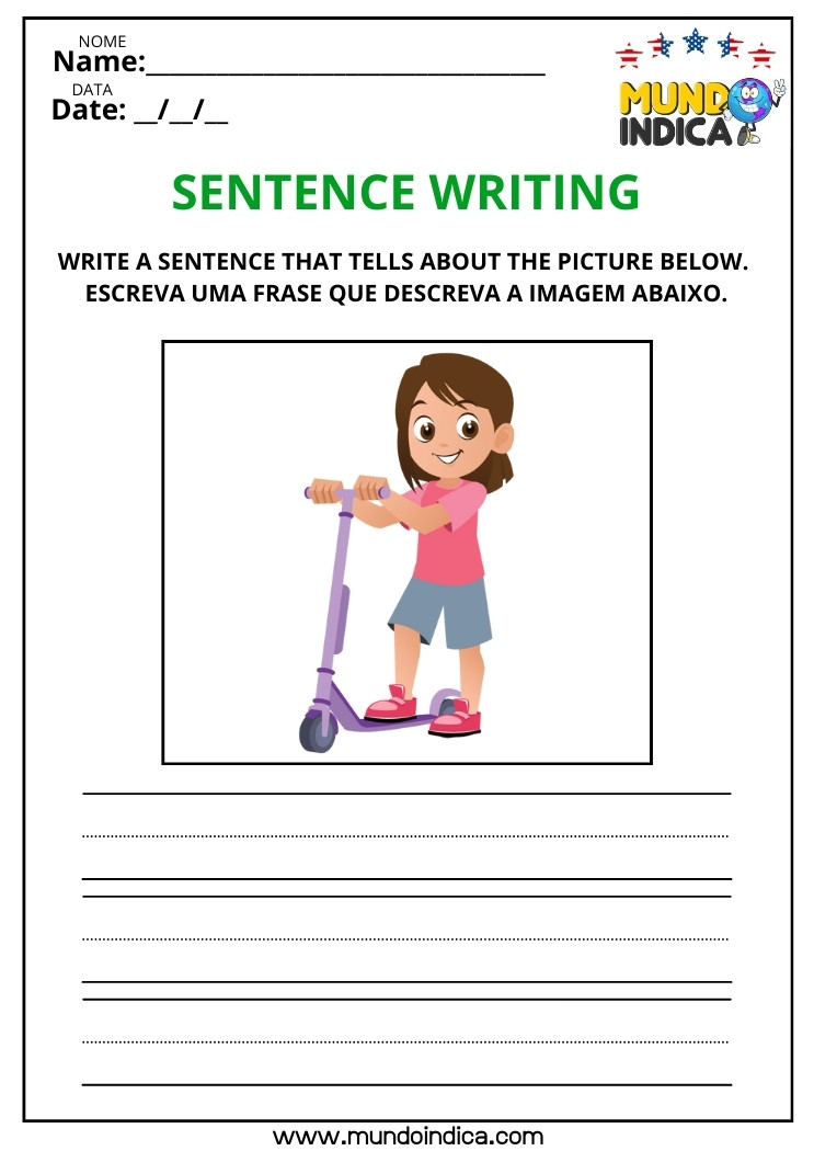 Atividade de Inglês sobre Brinquedos​ Escreva uma Frase que Descreva a Imagem da Menina no Patinete para Imprimir
