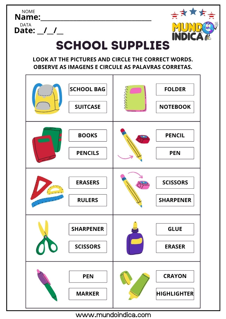 Atividade de Inglês sobre Materiais Escolares​ Observe as Imagens e Circule as Palavras Corretas para Imprimir