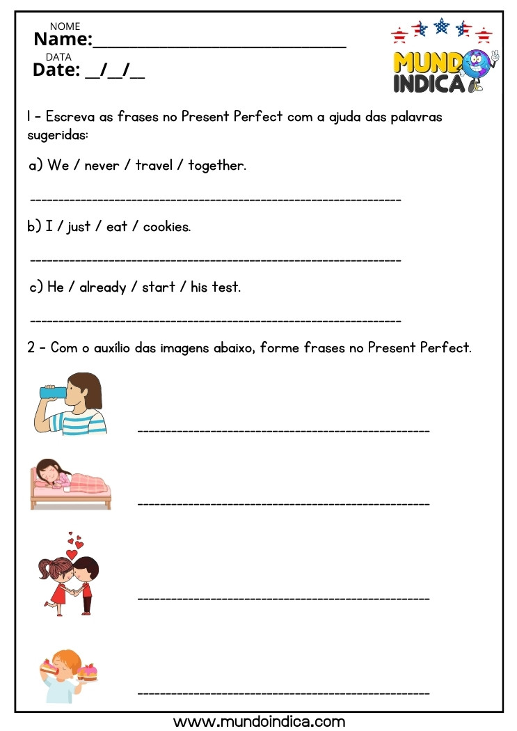 Atividade de Inglês sobre Presente Perfeito para o 8 ano do Ensino Fundamental para Imprimir