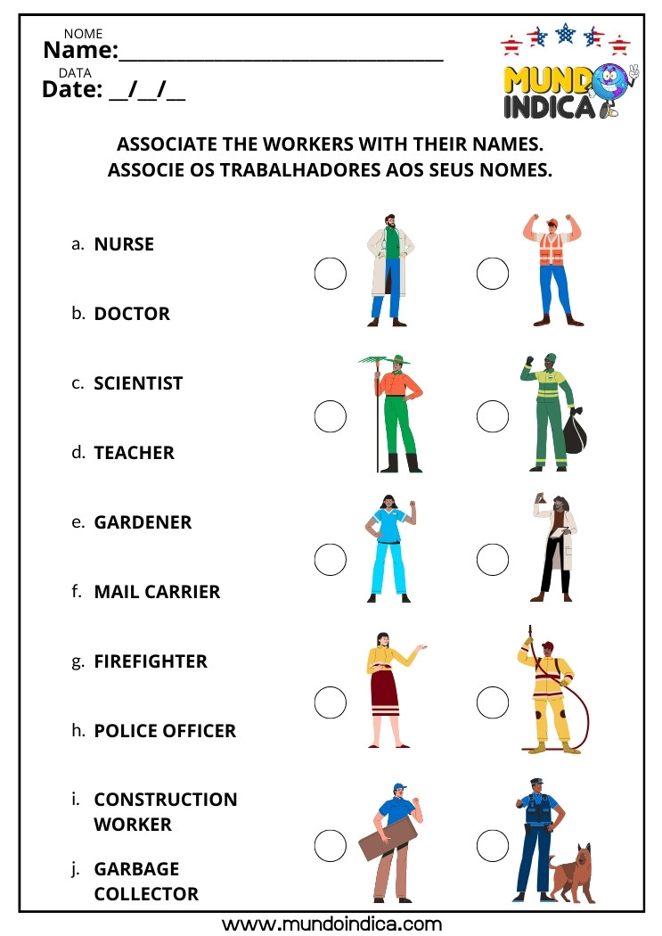 Atividade de Inglês sobre Profissões​ Associe os Trabalhadores aos Seus Nomes para Imprimir