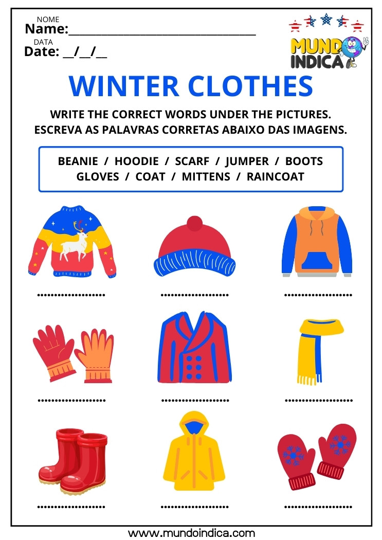 Atividade de Inglês sobre Roupas de Inverno para Escrever os Nomes das Peças Abaixo das Figuras para Imprimir
