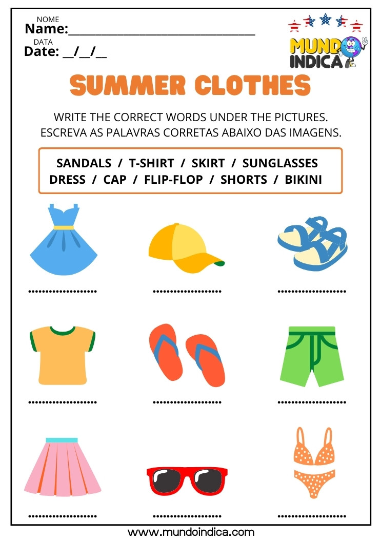 Atividade de Inglês sobre Roupas de Verão para Escrever o Nome das Roupas de Calor Abaixo das Imagens para Imprimir​
