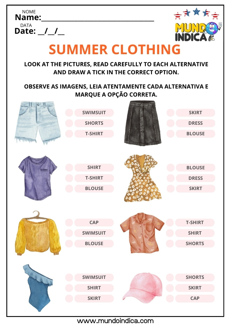 Atividade de Inglês sobre Roupas de Verão para Marcar a Palavra que Representa a Peça de Roupa Indicada para Imprimir​