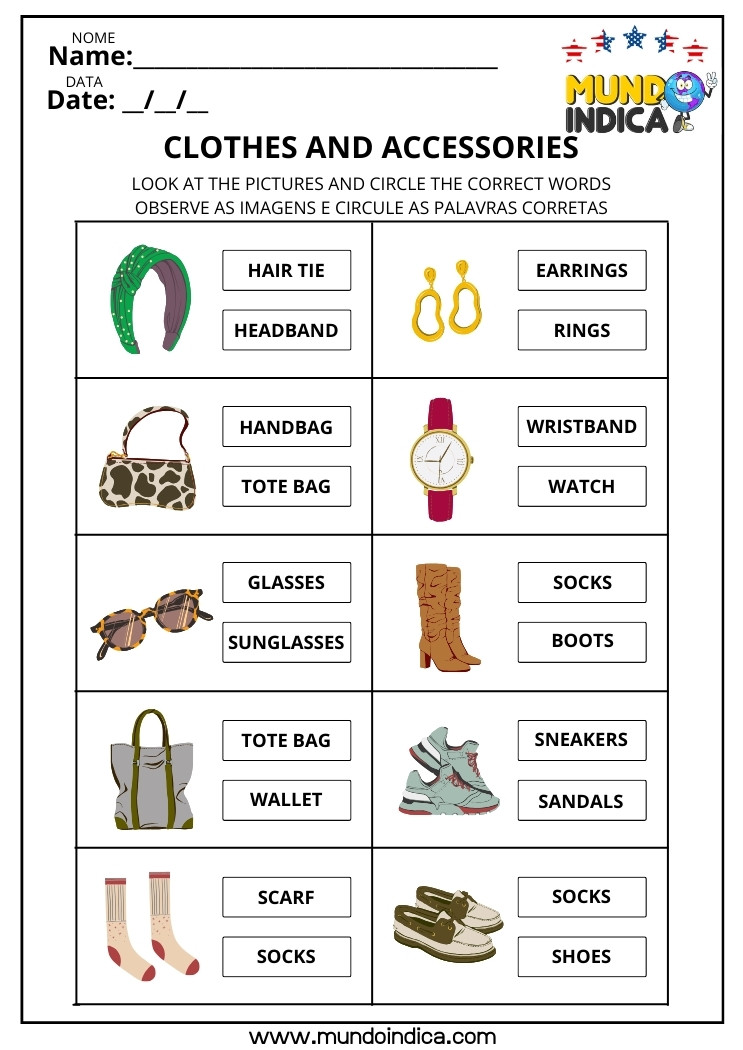 Atividade de Inglês sobre Roupas e Acessórios para Selecionar as Palavras de Acordo com as Figuras para Imprimir​