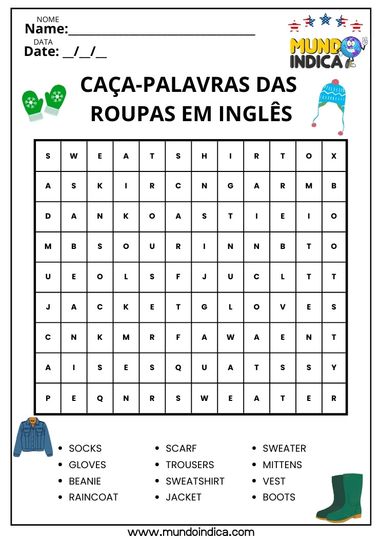 Caça-palavras das Roupas em Inglês para Imprimir​