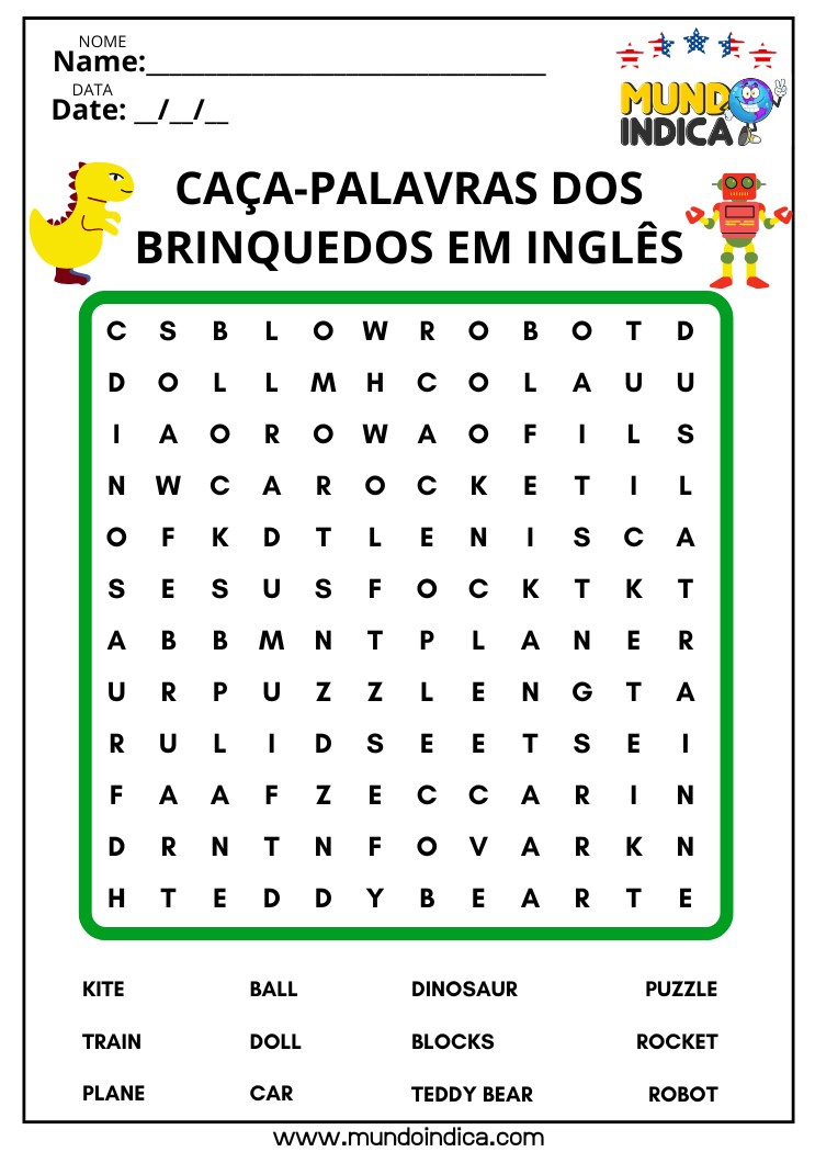 Caça-palavras dos Brinquedos​ em Inglês para Imprimir