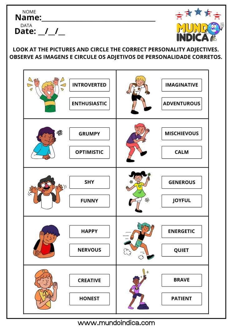 Atividade Adaptada de Inglês para Alunos Especiais sobre Adjetivos​ de Personalidade para Imprimir