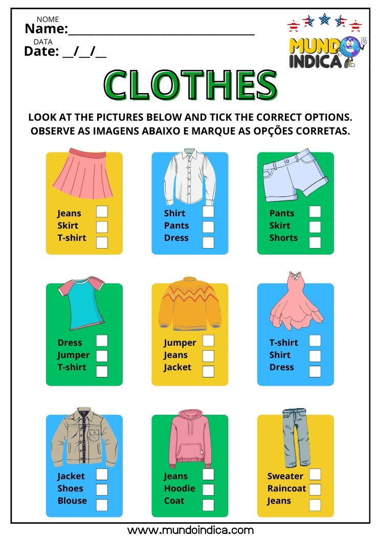 Atividade Adaptada de Inglês sobre Roupas para Imprimir​