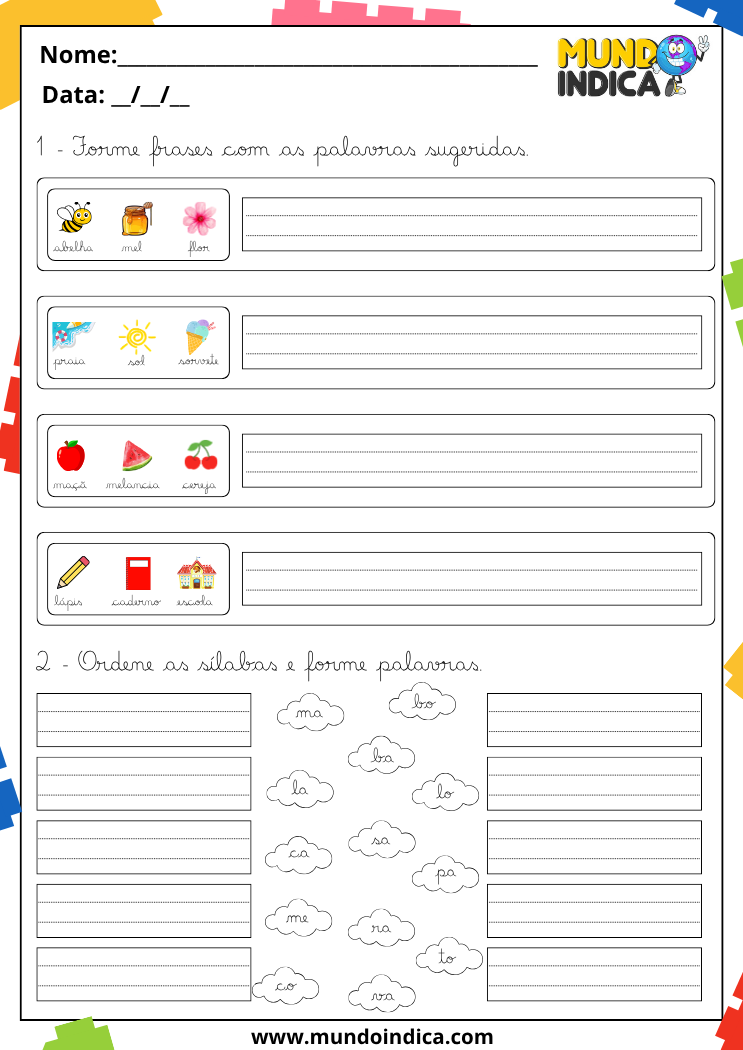 Atividade com imagens para formar frases e exercício de caligrafia com montagem de palavras a partir de sílabas