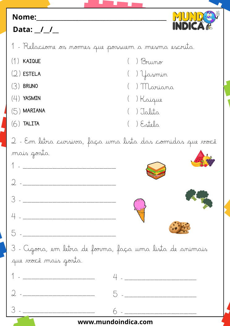 Atividade para ligar nomes com letras cursivas e bastão e listas escritas com alimentos e animais preferidos, usando letra cursiva e letra de forma