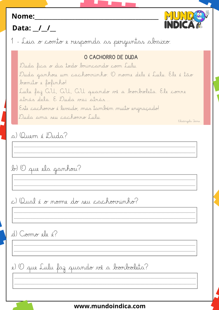 Atividade com leitura de conto sobre cachorro e perguntas de interpretação escritas em letra cursiva