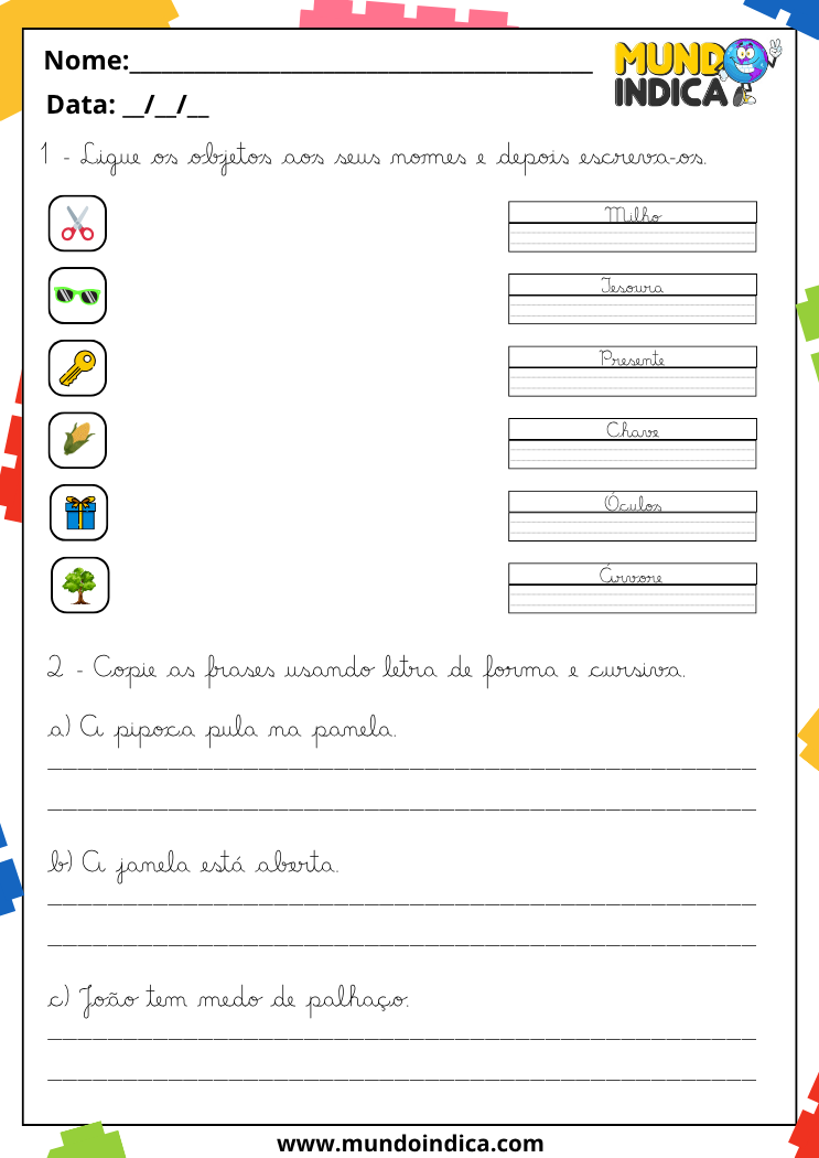 Atividade com imagens para ligar objetos aos seus nomes e copiar frases em letra cursiva e de forma
