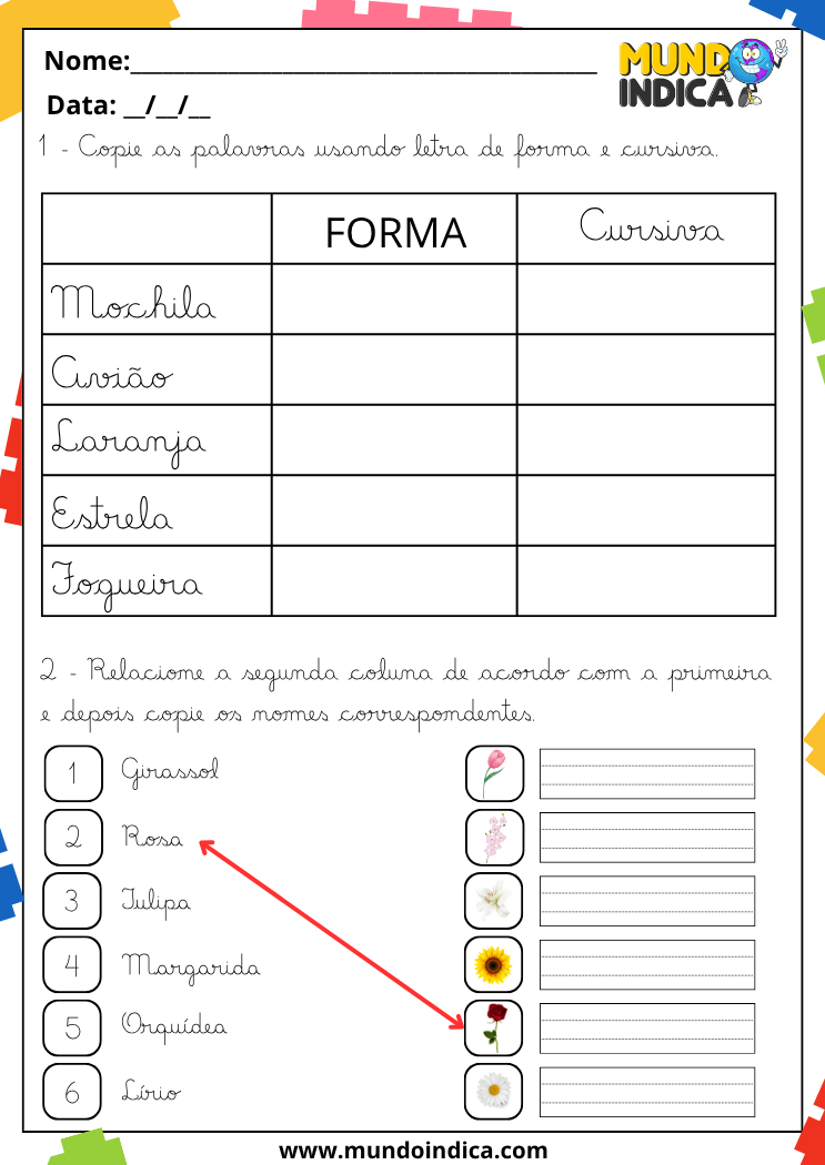 Atividade de caligrafia com palavras para copiar em letra de forma e cursiva, e associação de nomes de flores às imagens