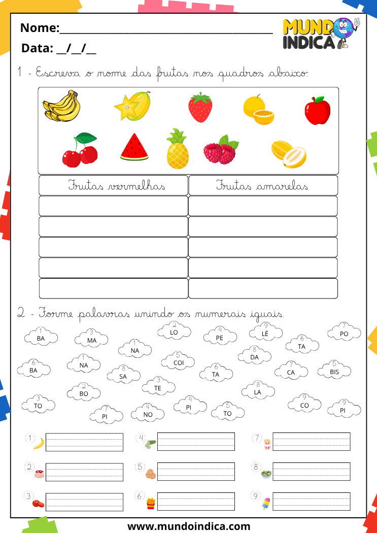 Atividade de caligrafia com frutas para classificar por cor e formação de palavras a partir de sílabas numeradas