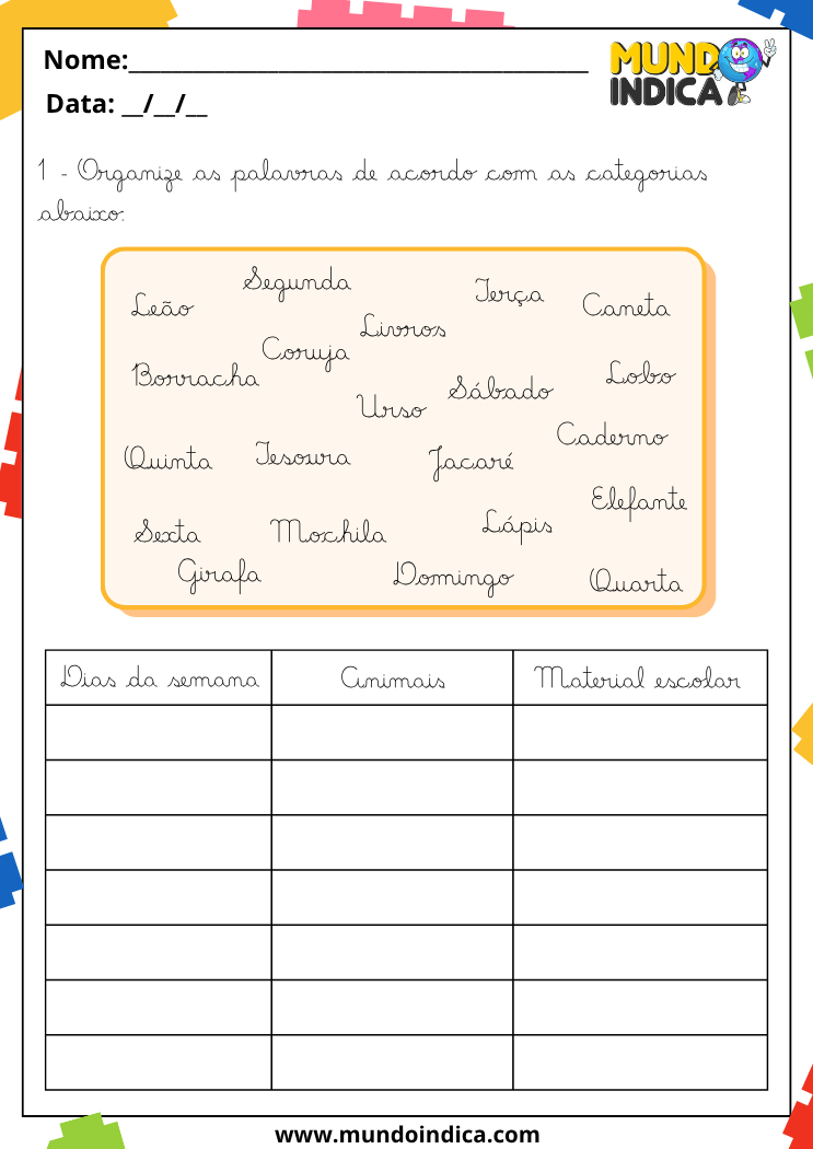 Atividade com palavras para classificar em categorias como dias da semana, animais e material escolar, promovendo vocabulário e escrita organizada