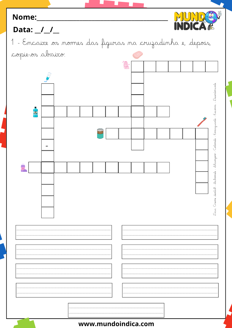 Atividade com cruzadinha de objetos de higiene para encaixar os nomes e copiá-los em letra cursiva