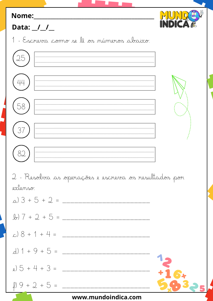 Atividade com números para escrever por extenso e resolver contas simples com foco em caligrafia e interpretação matemática
