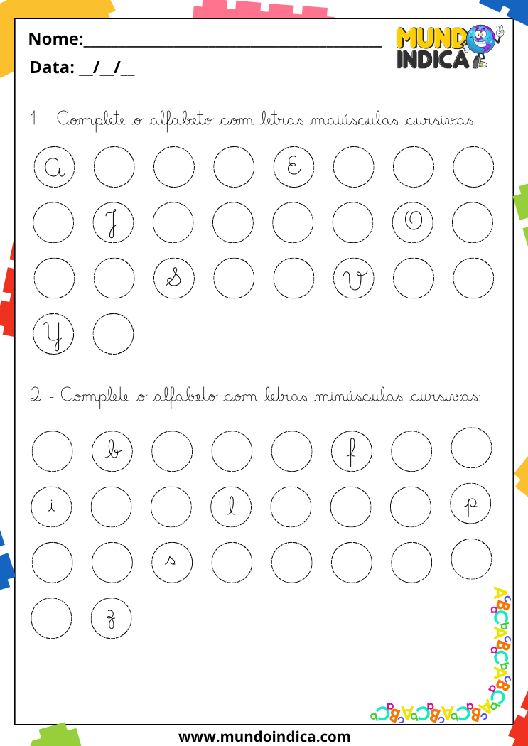 Atividade de caligrafia para completar o alfabeto cursivo com letras maiúsculas e minúsculas, desenvolvendo escrita e sequência alfabética