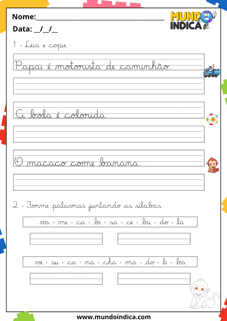 Atividade de caligrafia com cópia de frases em letra cursiva e formação de palavras a partir de sílabas