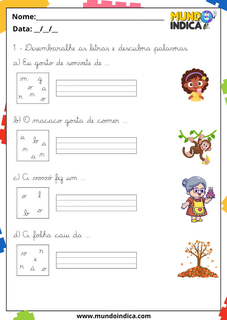 Atividade de caligrafia com desafio de desembaralhar letras, formar palavras e completar frases