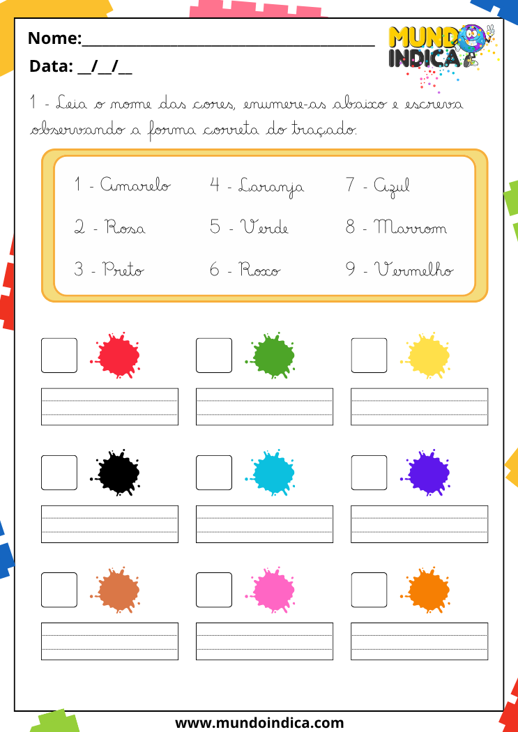 Atividade de caligrafia para numerar, identificar e escrever os nomes das cores com atenção ao traçado