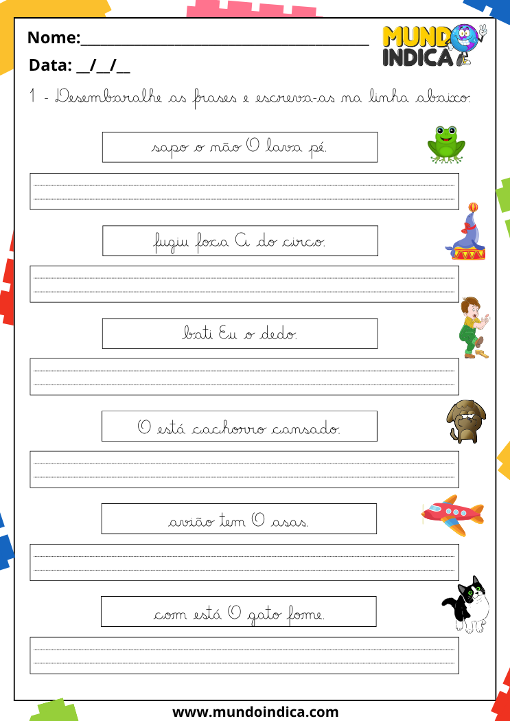 Atividade de caligrafia com frases embaralhadas para organizar e copiar em letra cursiva